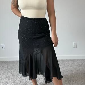 Vintage 90s Dino Black Sequin Skirt Flowy Whimsygoth Y2K Midi Asymmetrical‎